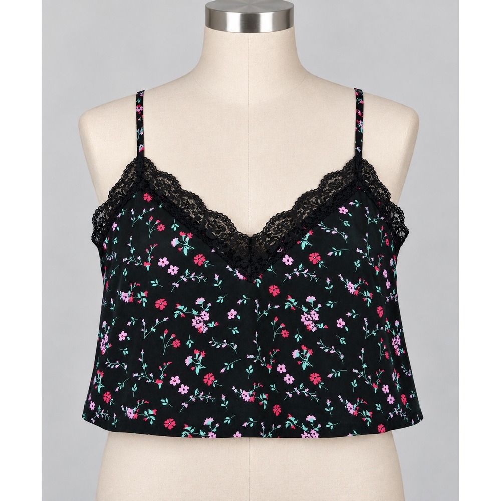 Colsie Black Floral Lace Trim Cami Top Adjustable Straps Size Large Romantic